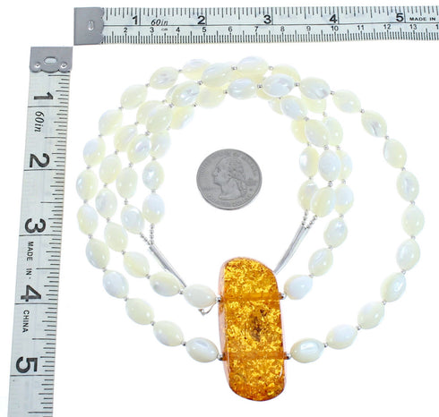 Sterling Silver Mother Of Pearl and Amber Bead Necklace KX121181